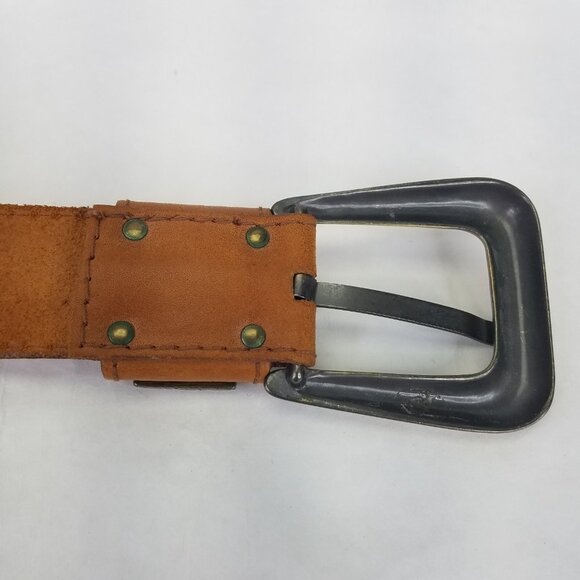 Leather Belt Women M Brown Top Grain Western Brass Buckle Medallion 29"-32" VTG - Picture 4 of 12